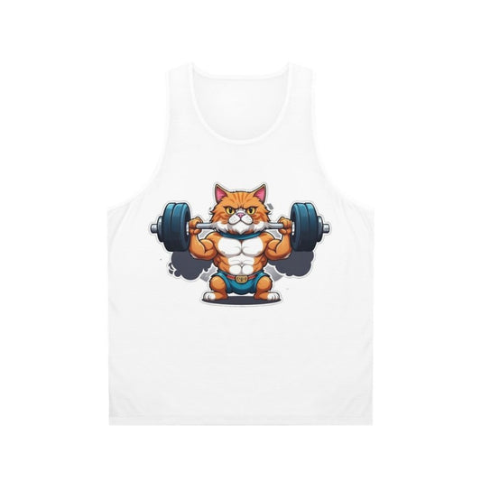 Humorous cat lifting weights in a gym tank top