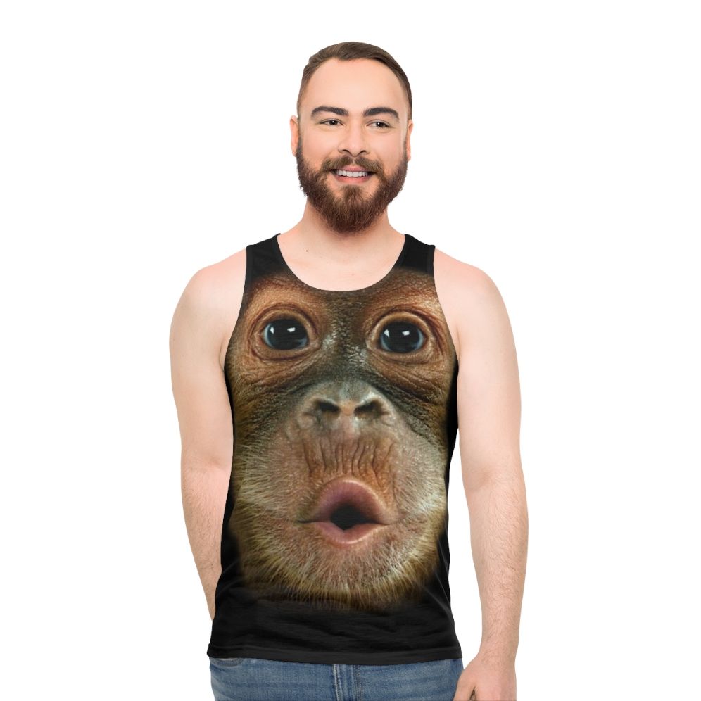 Funny chimpanzee face graphic on unisex tank top