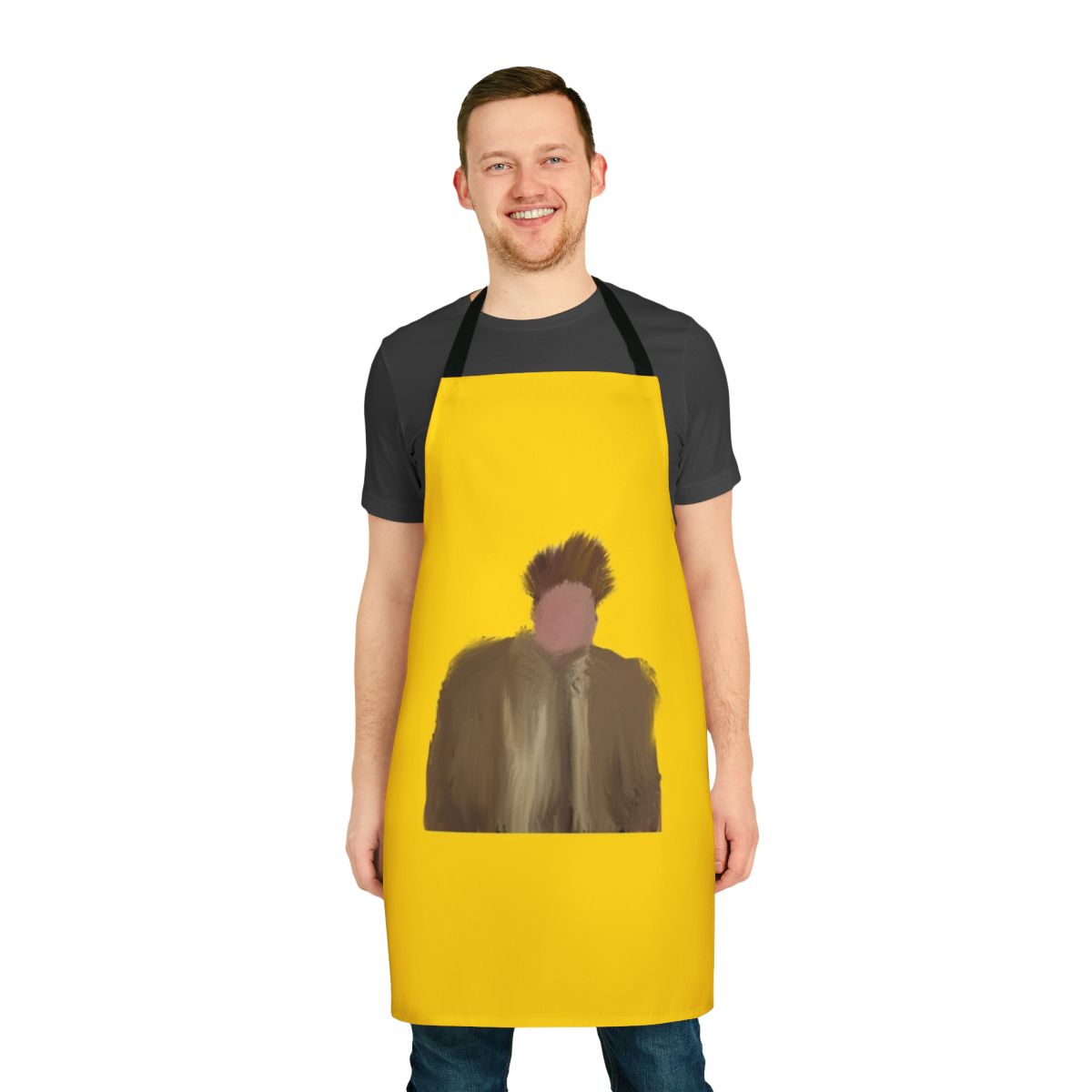 Comedic apron with a humorous interpretation of the late comedian Chris Farley