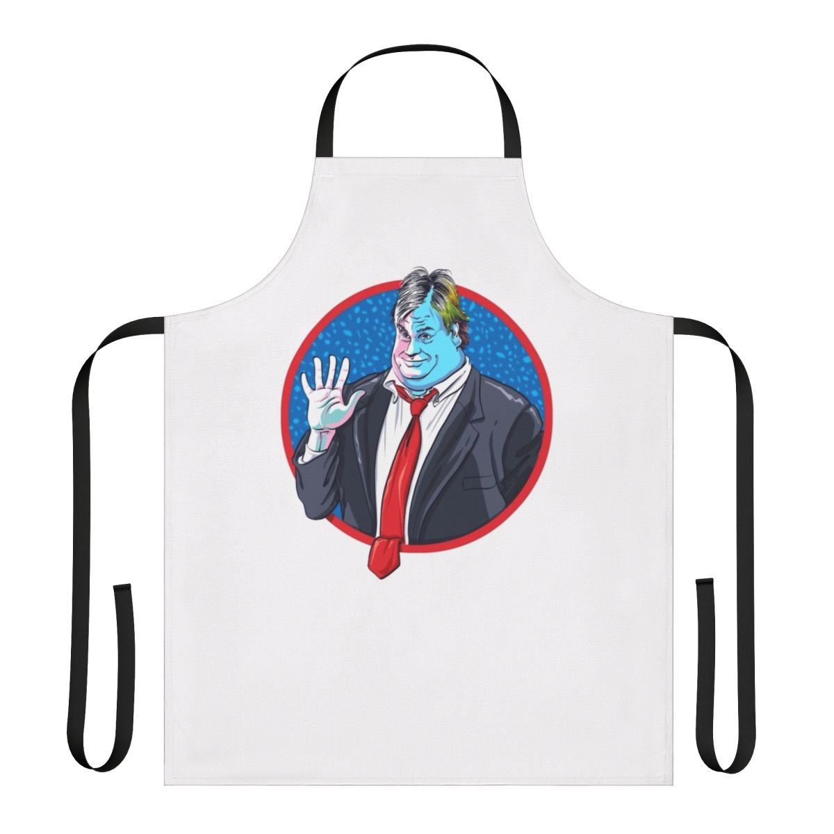 Apron featuring a stylized illustration of Chris Farley, popular comedian and Saturday Night Live star.