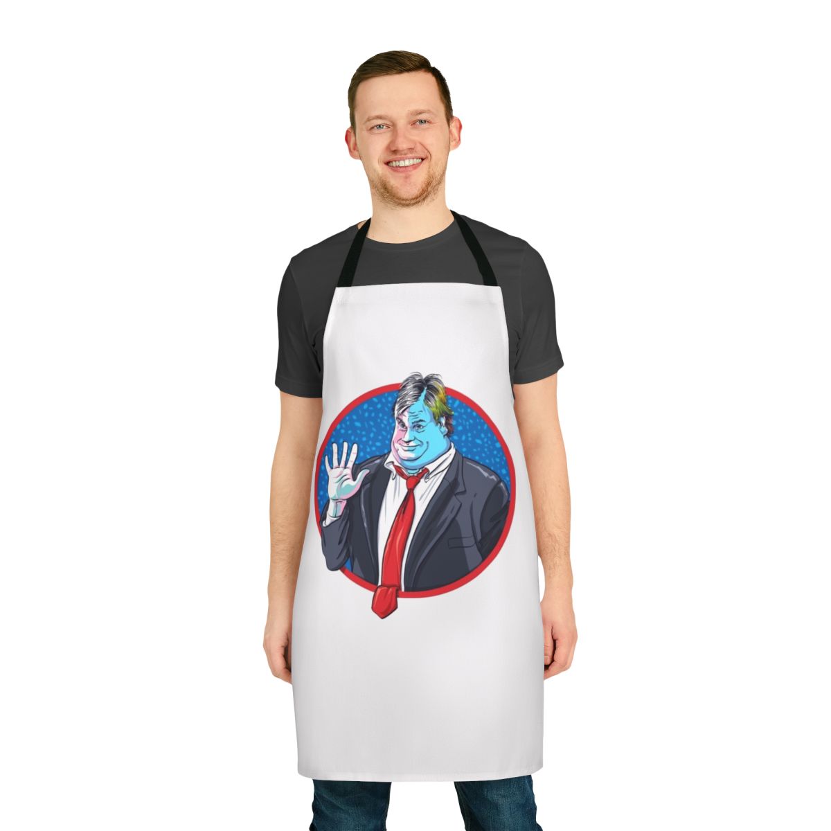 Apron featuring a stylized illustration of Chris Farley, popular comedian and Saturday Night Live star.