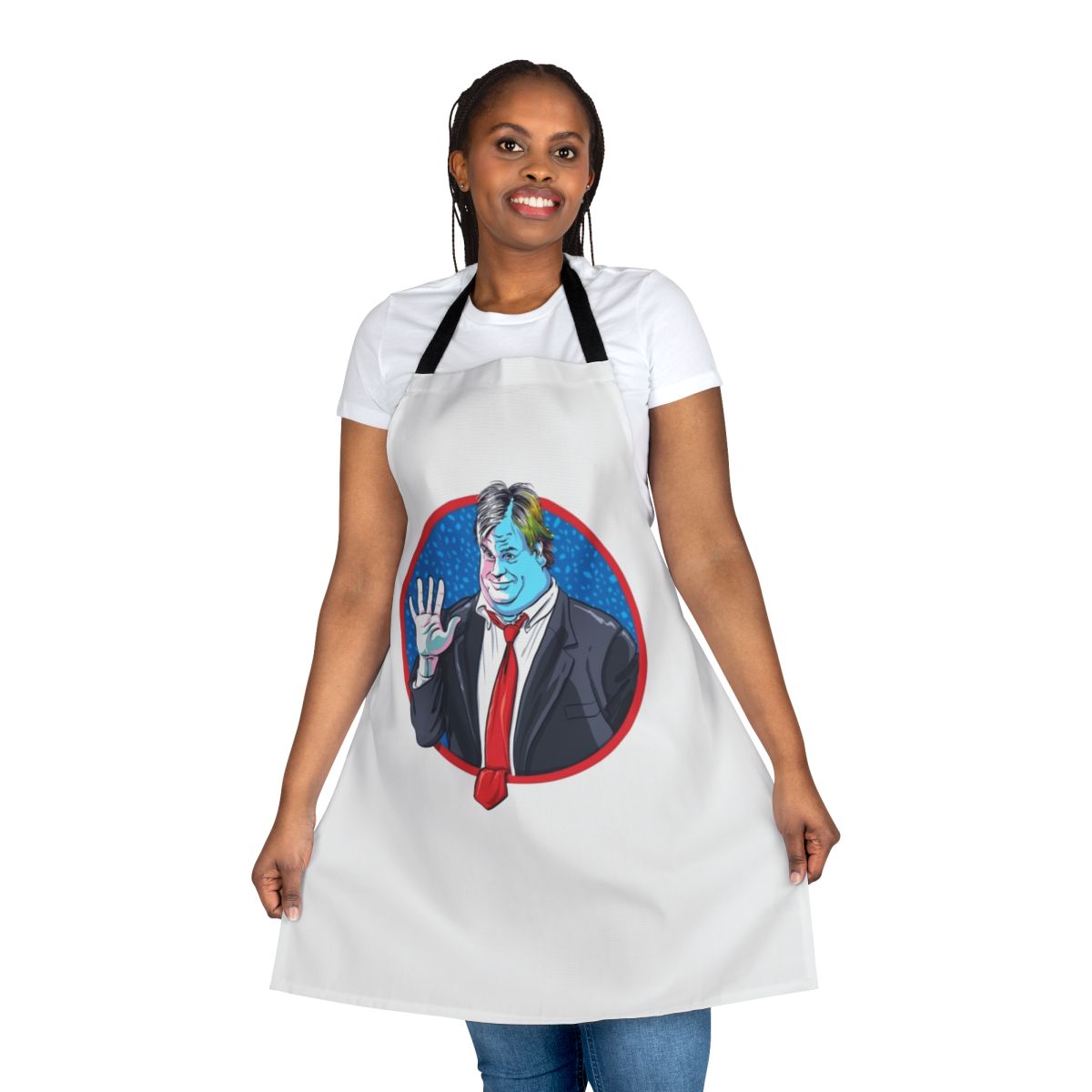 Apron featuring a stylized illustration of Chris Farley, popular comedian and Saturday Night Live star.