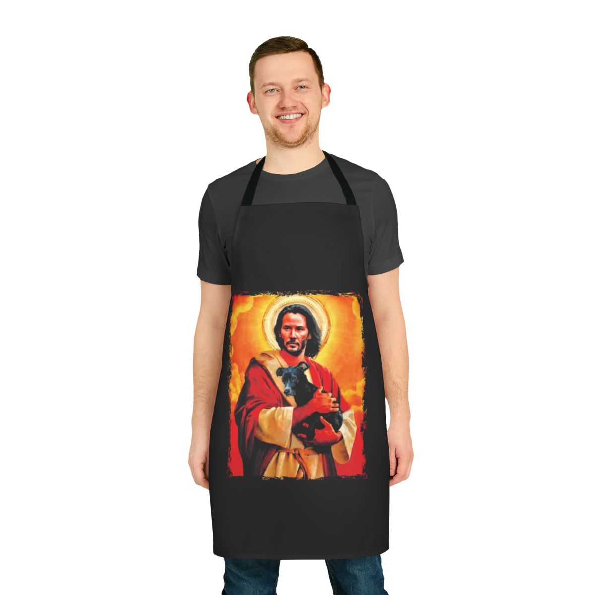Apron featuring a dog and Keanu Reeves design, perfect for dog owners