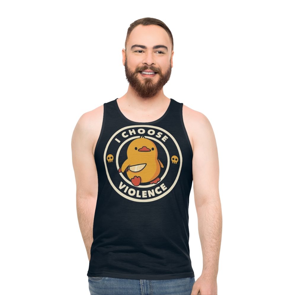 Unisex tank top featuring a rebellious duck with a skull design by Tobe Fonseca