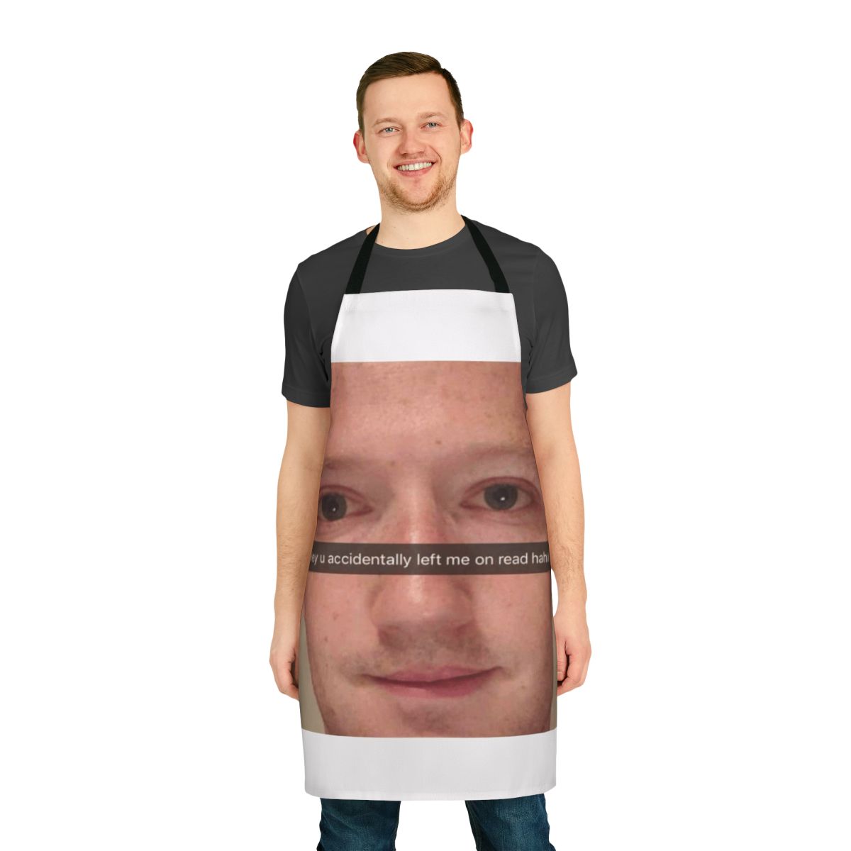 Funny apron featuring a meme-inspired design of Facebook CEO Mark Zuckerberg