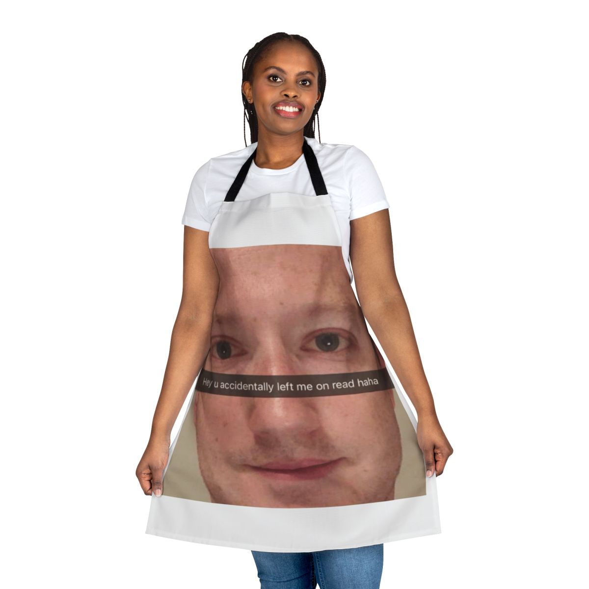 Funny apron featuring a meme-inspired design of Facebook CEO Mark Zuckerberg
