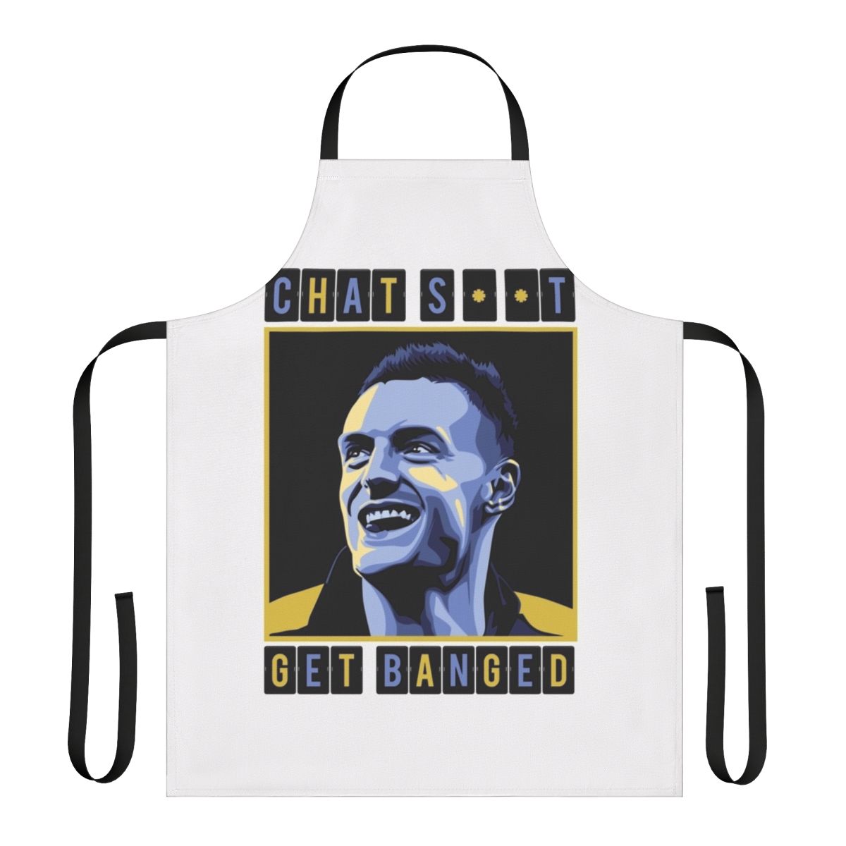 Humorous "Chat Shit Get Banged" apron design featuring Jamie Vardy and Leicester City FC imagery
