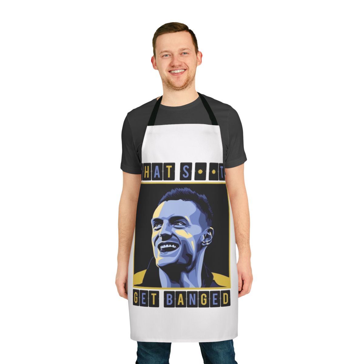 Humorous "Chat Shit Get Banged" apron design featuring Jamie Vardy and Leicester City FC imagery
