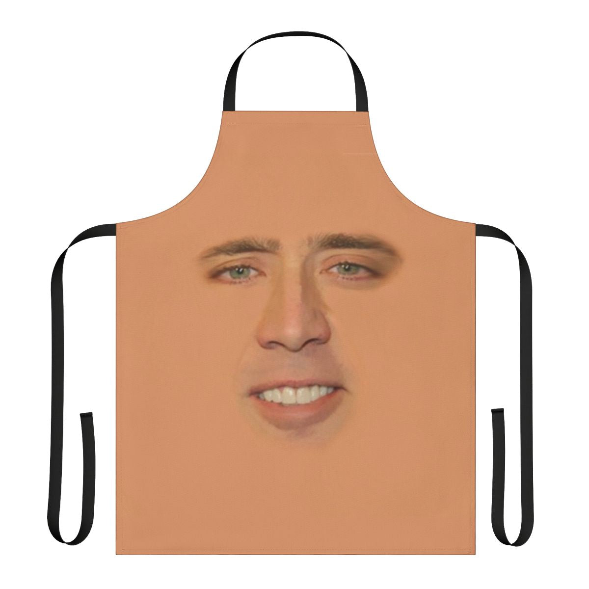 A humorous full-face print of actor Nicolas Cage on a kitchen apron