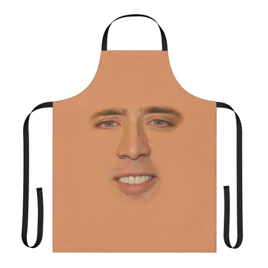A humorous full-face print of actor Nicolas Cage on a kitchen apron