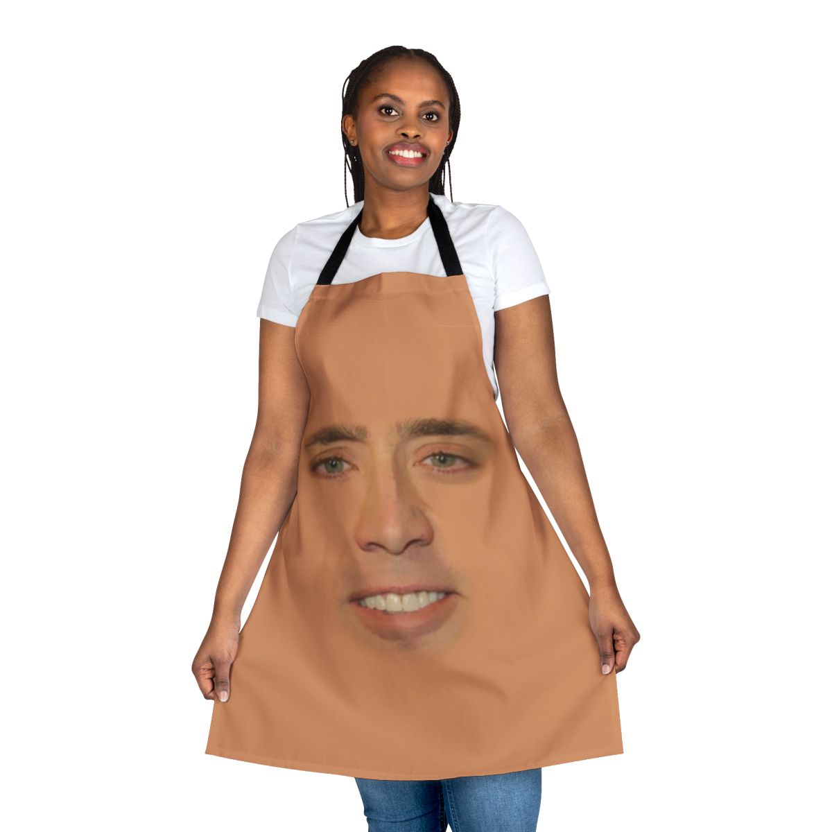 A humorous full-face print of actor Nicolas Cage on a kitchen apron