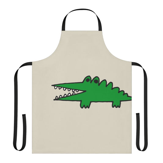Whimsical apron featuring a cute baby alligator or crocodile character facing big challenges in a vintage-inspired, cartoon-style illustration.