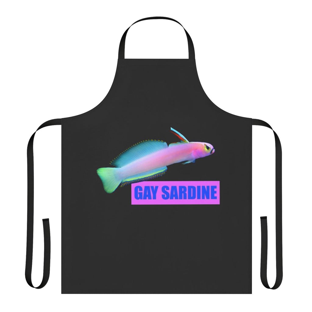 Whimsical apron featuring a cartoon sardine in a pride flag