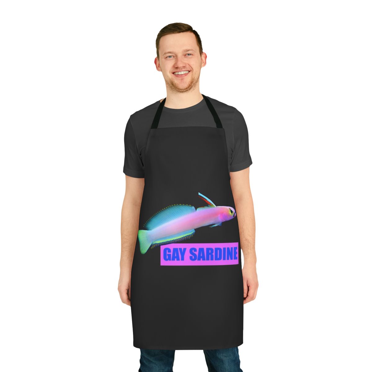 Whimsical apron featuring a cartoon sardine in a pride flag