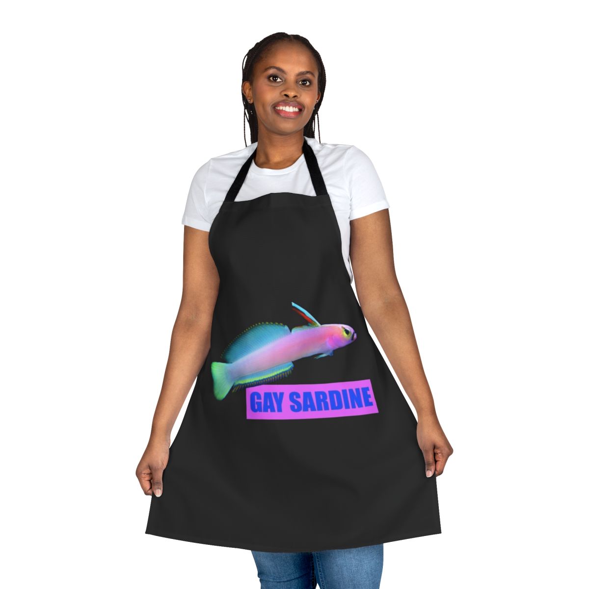 Whimsical apron featuring a cartoon sardine in a pride flag