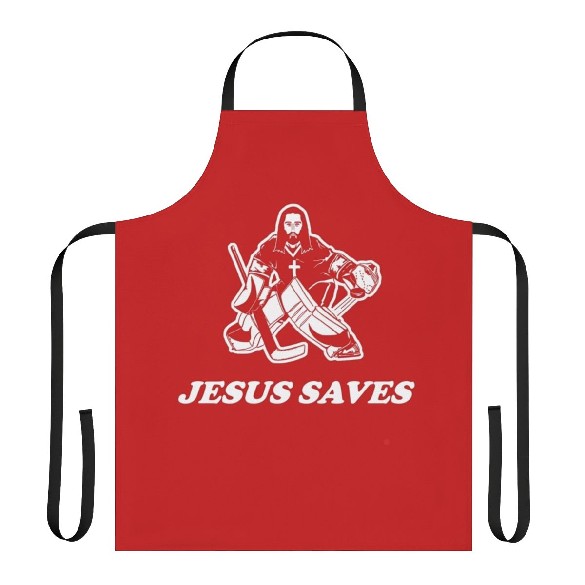 Humorous hockey goalie apron featuring a Christian-themed "Jesus Saves" design