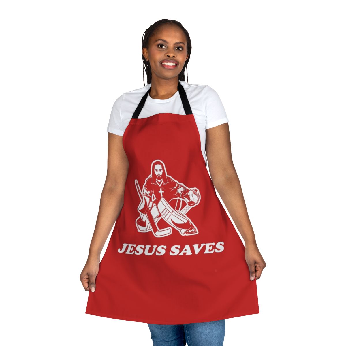 Humorous hockey goalie apron featuring a Christian-themed "Jesus Saves" design