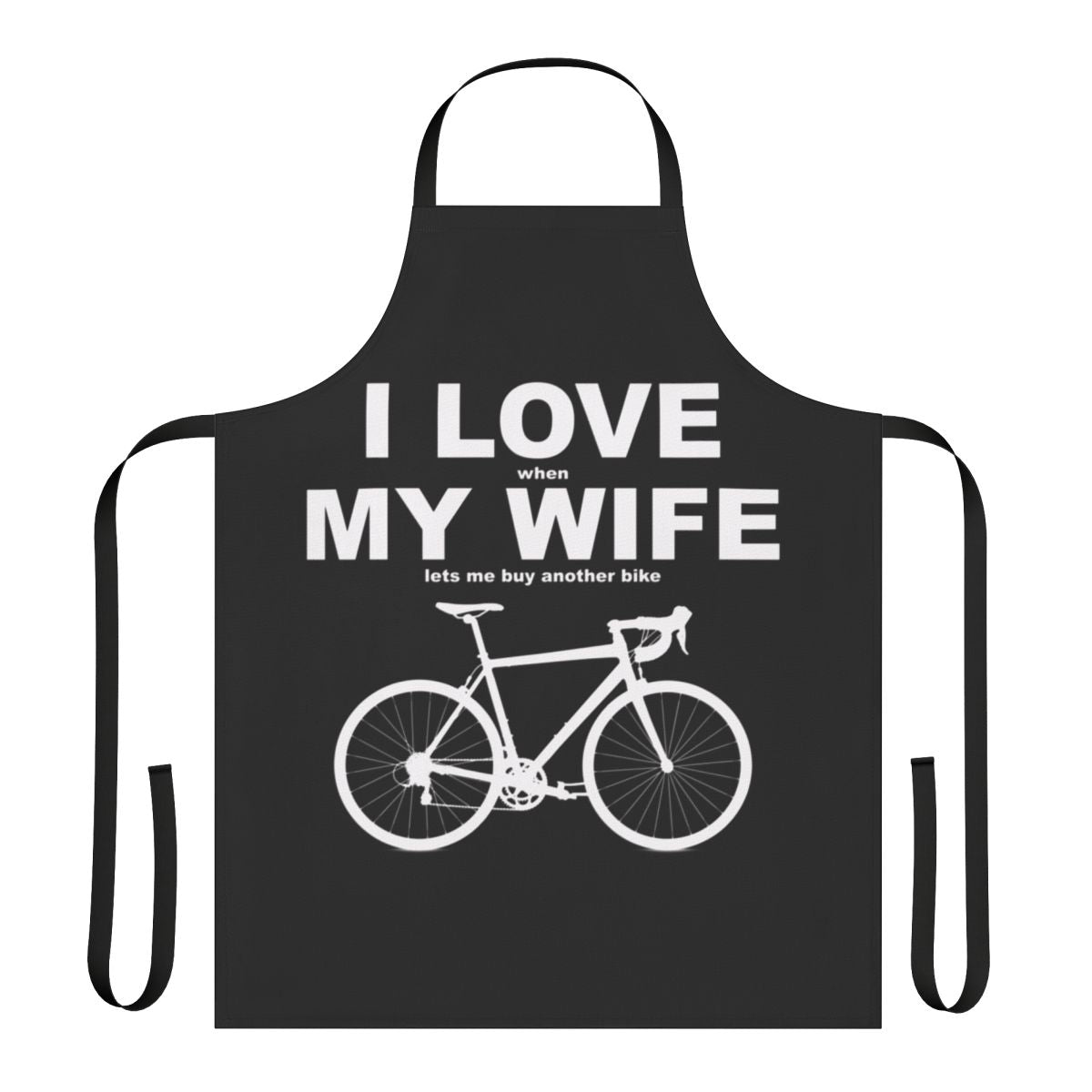 Person wearing an "I Love My Wife" themed bicycle apron