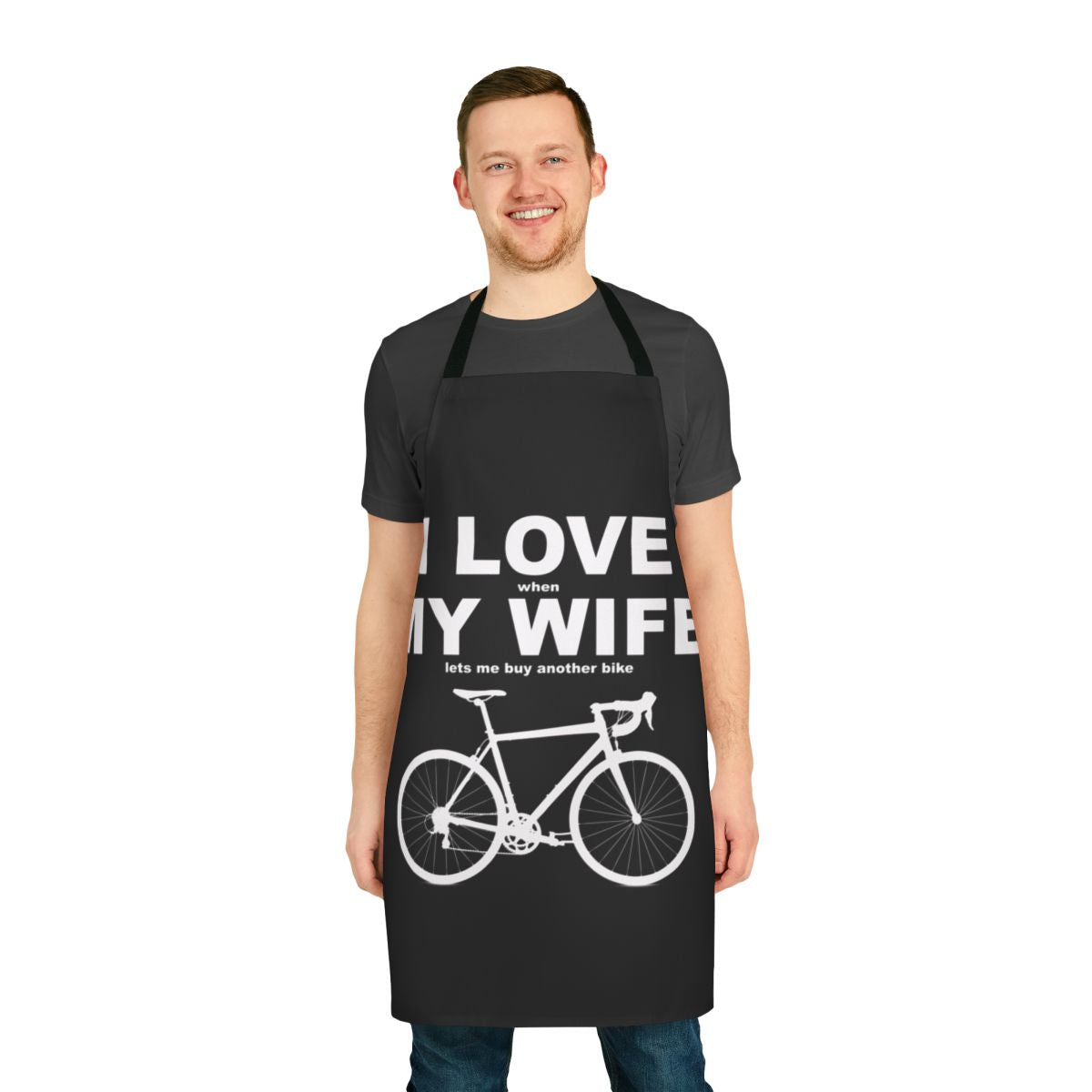 Person wearing an "I Love My Wife" themed bicycle apron