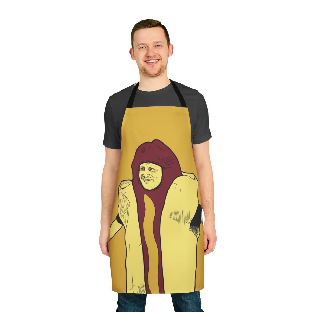 Cooking apron featuring a humorous "Hot Dog Car Crash" design inspired by the TV show "I Think You Should Leave"