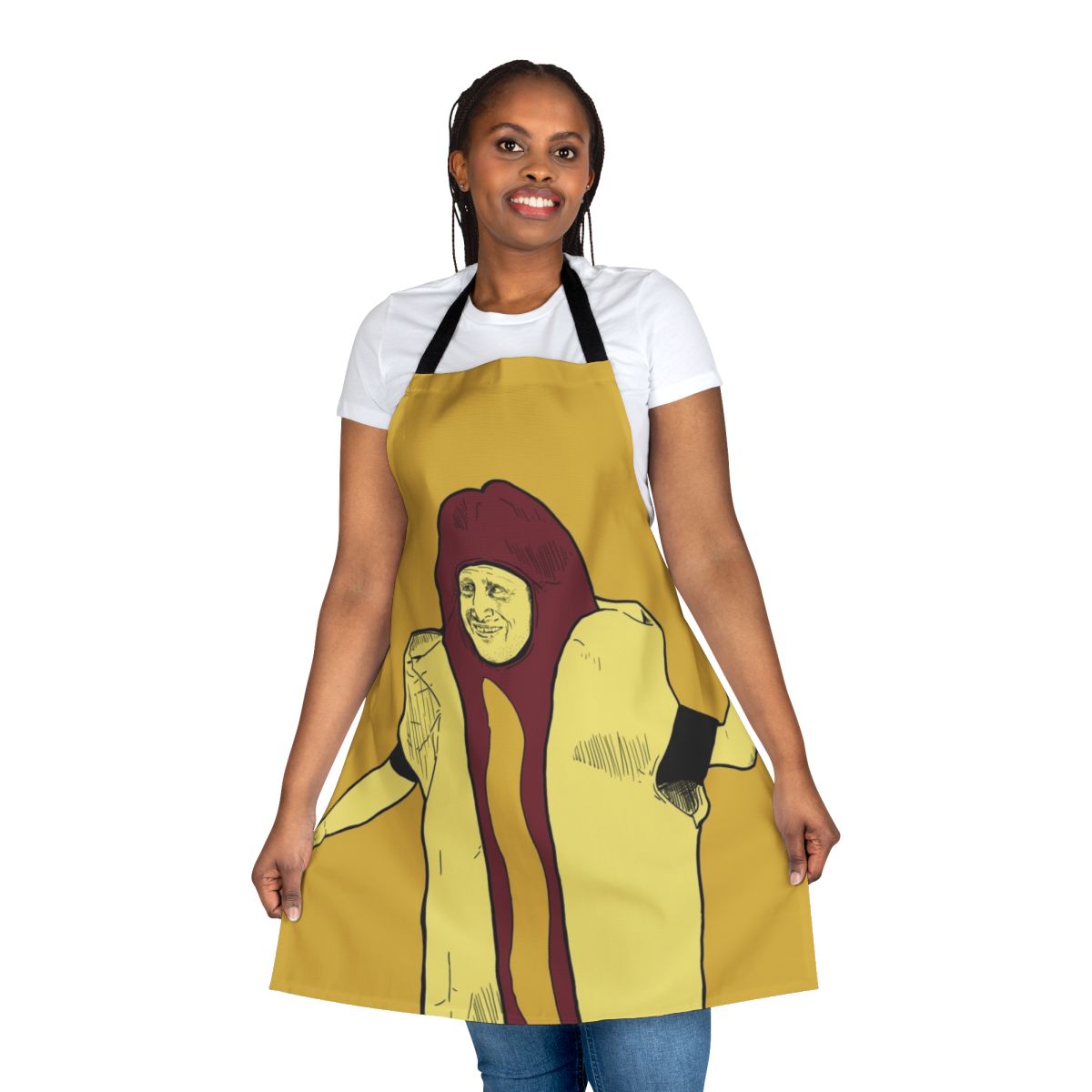 Cooking apron featuring a humorous "Hot Dog Car Crash" design inspired by the TV show "I Think You Should Leave"