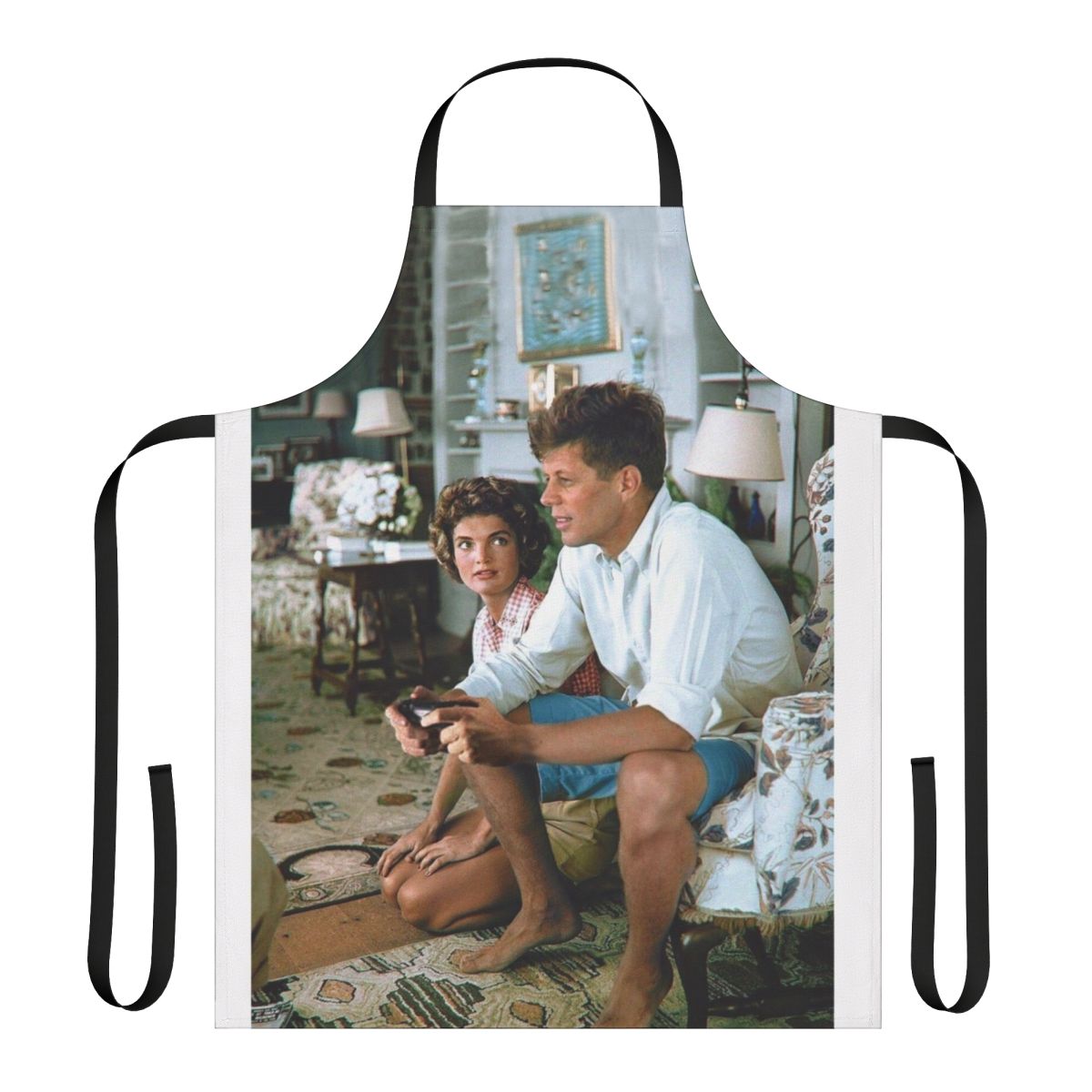 Man wearing an apron with a JFK-inspired "Press F" design