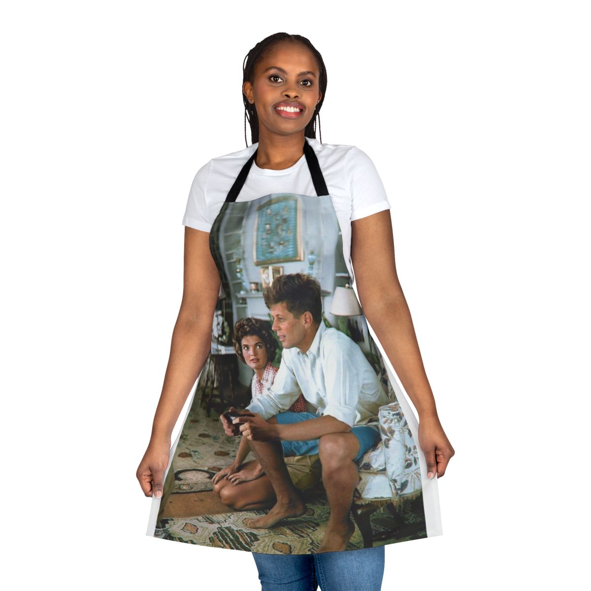 Man wearing an apron with a JFK-inspired "Press F" design