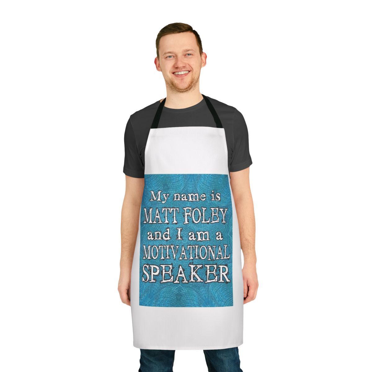 An apron featuring the iconic Matt Foley character from Saturday Night Live, played by Chris Farley.