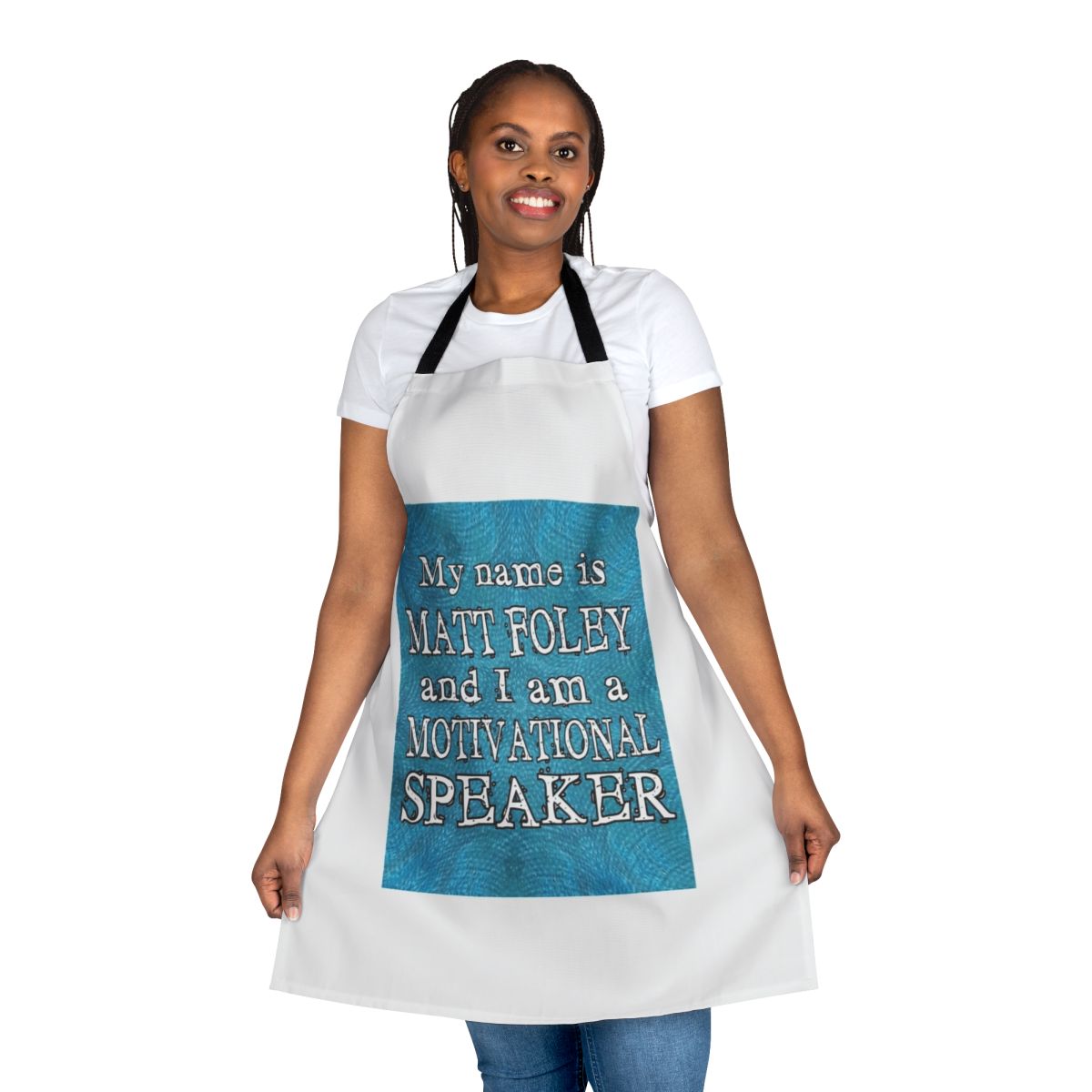 An apron featuring the iconic Matt Foley character from Saturday Night Live, played by Chris Farley.