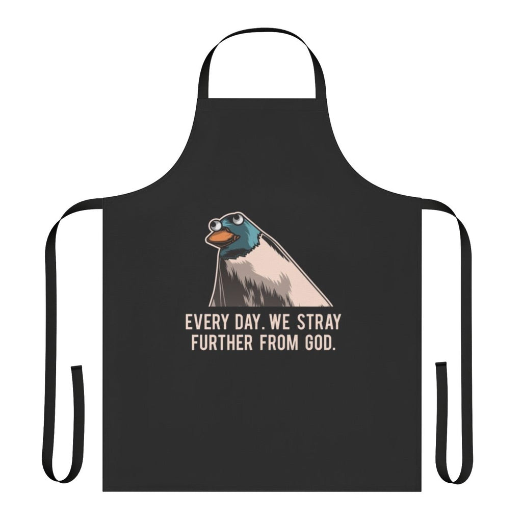 Everyday We Stray Further From God Meme Apron featuring a stunned platypus or perry the platypus