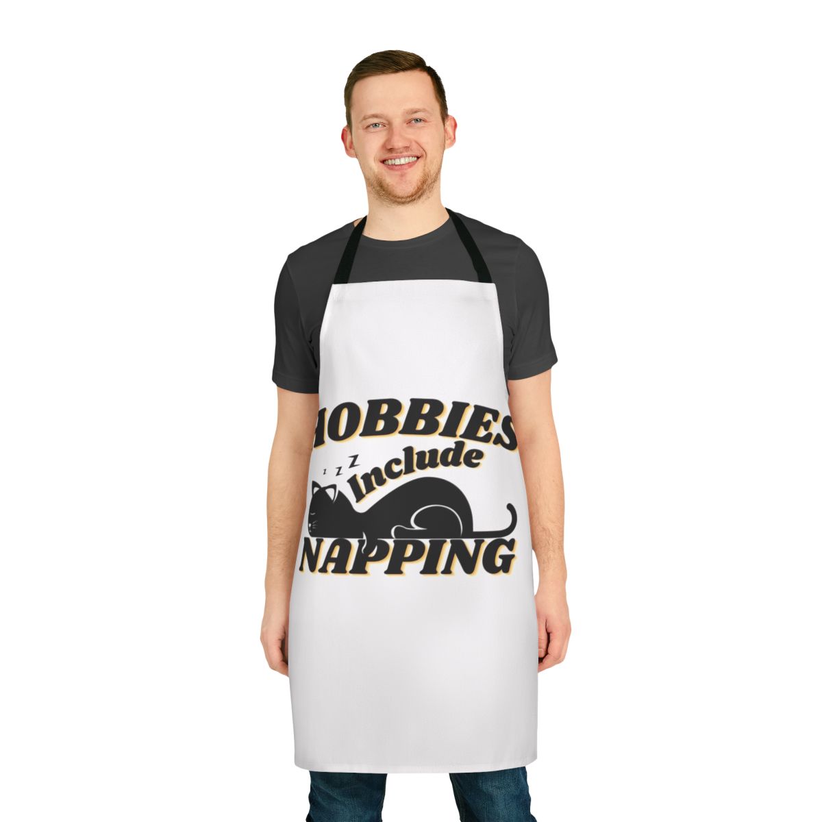 Funny apron with "Hobbies Include Napping" design, perfect for anyone who loves to nap.