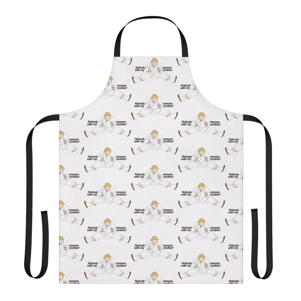 Funny apron featuring a white ninja character, inspired by the movie "Beverly Hills Ninja" starring Chris Farley.