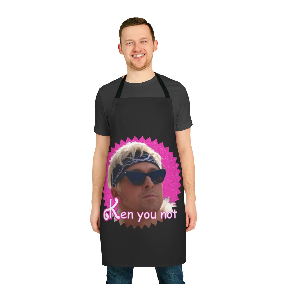 Humorous apron featuring a "Ken You Not" shirt-inspired design