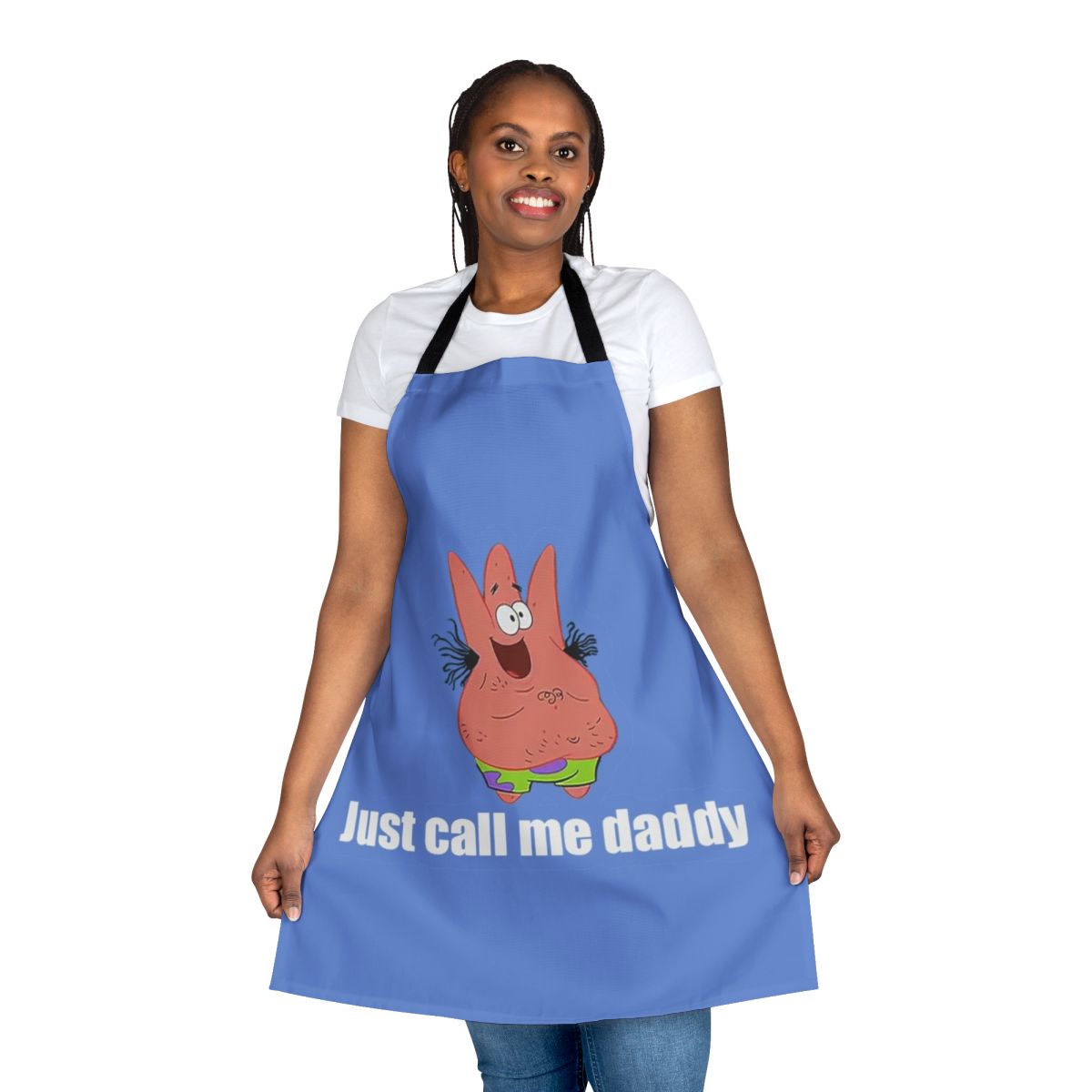 A humorous apron featuring the character Patrick Star from Spongebob Squarepants, with the text "Just Call Me Daddy" printed on it.