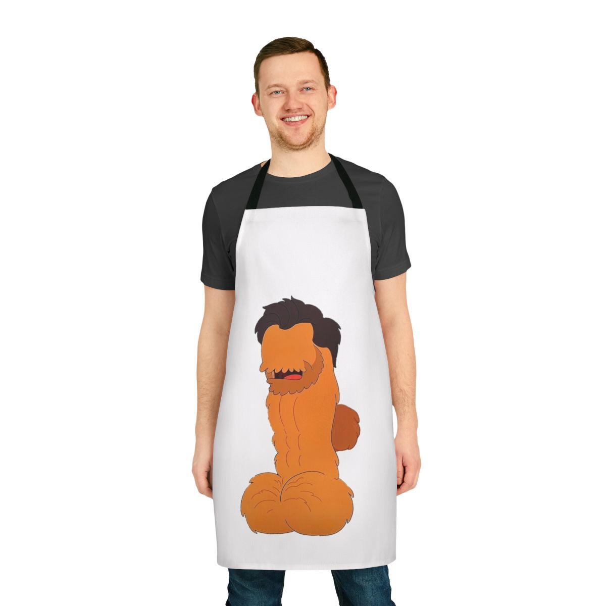 Humorous penis-themed apron featuring a parody of actor Hugh Jackman from the Netflix series Big Mouth.