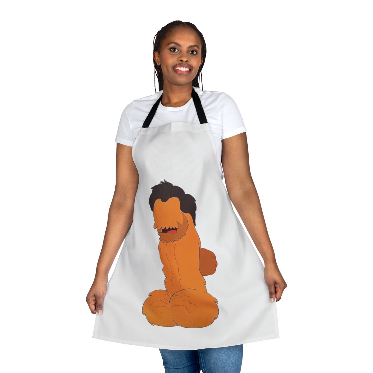 Humorous penis-themed apron featuring a parody of actor Hugh Jackman from the Netflix series Big Mouth.
