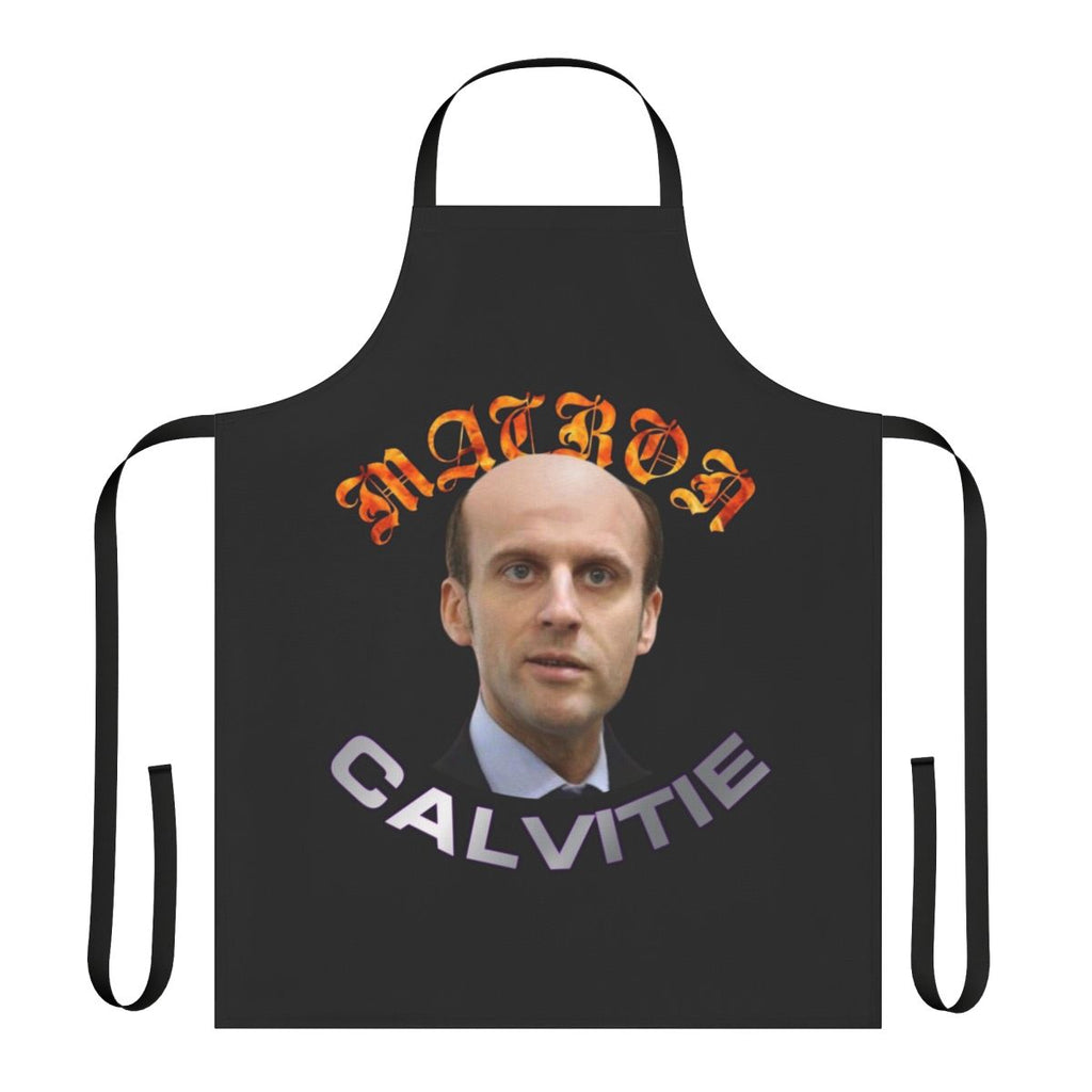 Comical apron with an image of French President Emmanuel Macron and a message about his baldness