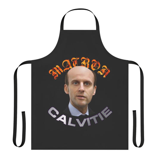 Comical apron with an image of French President Emmanuel Macron and a message about his baldness