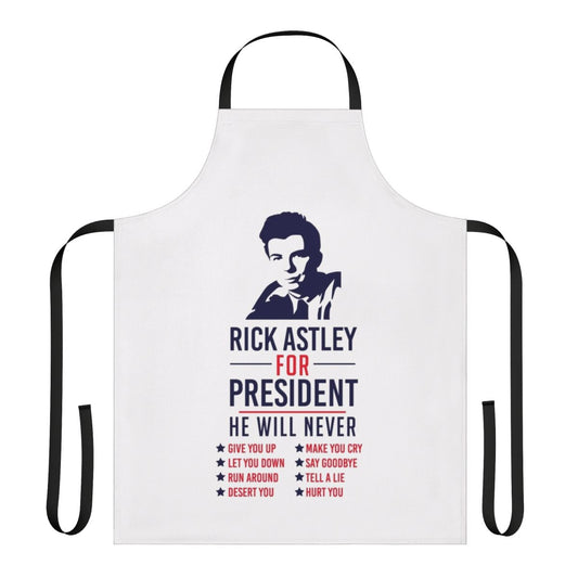 Humorous political parody apron featuring Rick Astley for president