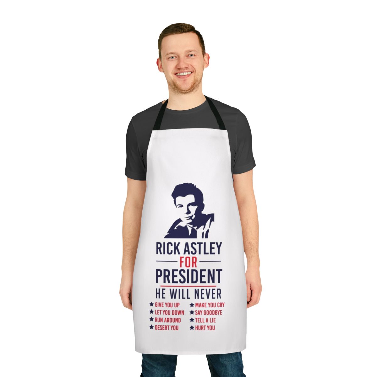 Humorous political parody apron featuring Rick Astley for president