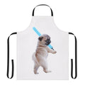 Pug dog wearing an apron with a lightsaber design
