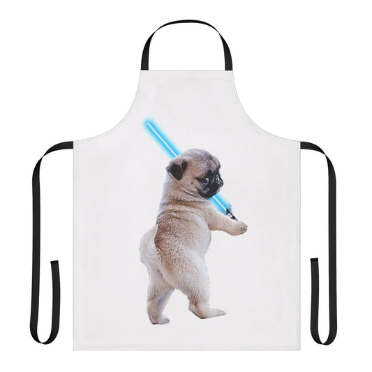 Pug dog wearing an apron with a lightsaber design