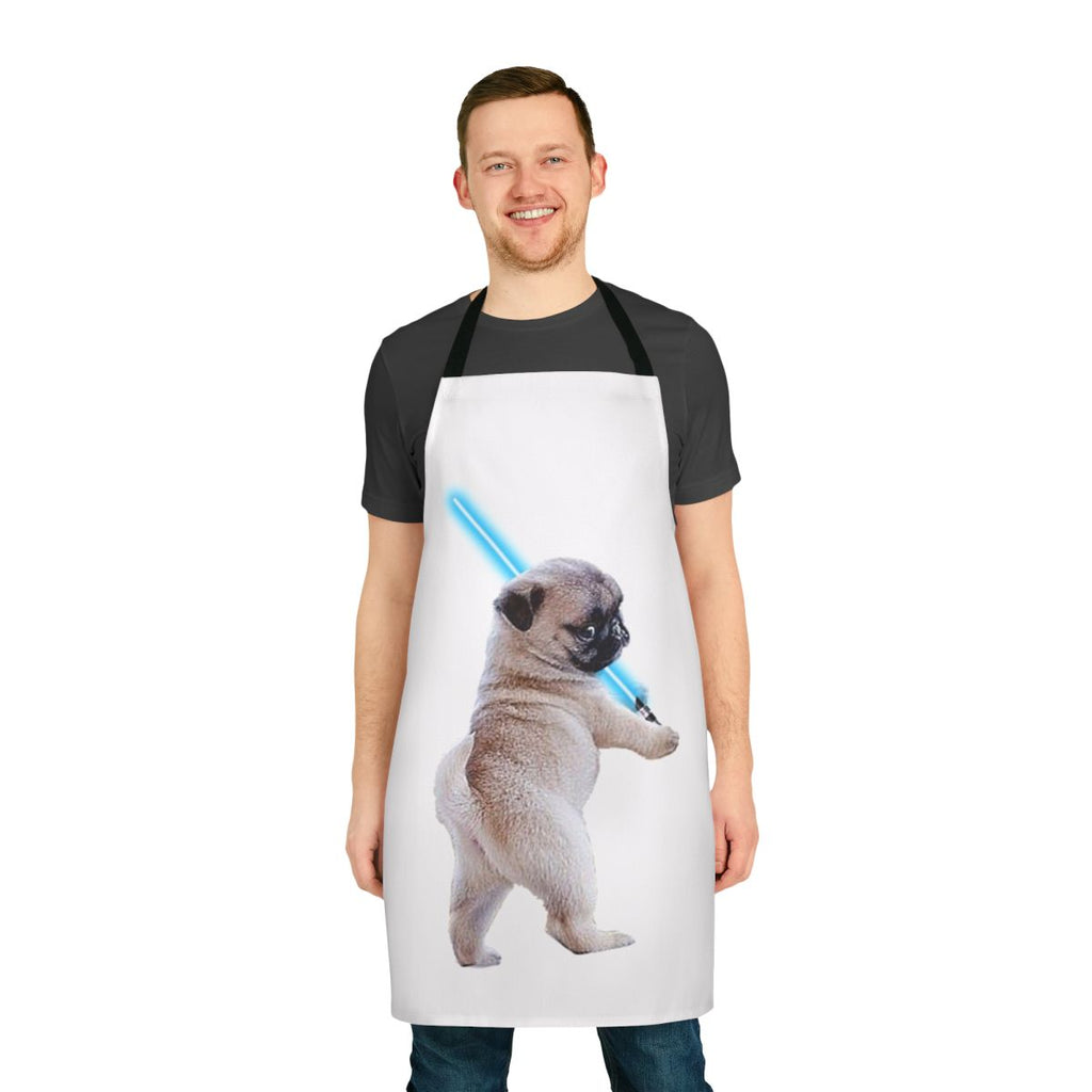 Pug dog wearing an apron with a lightsaber design