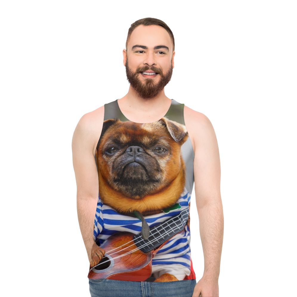 Funny pug dog playing guitar on unisex tank top