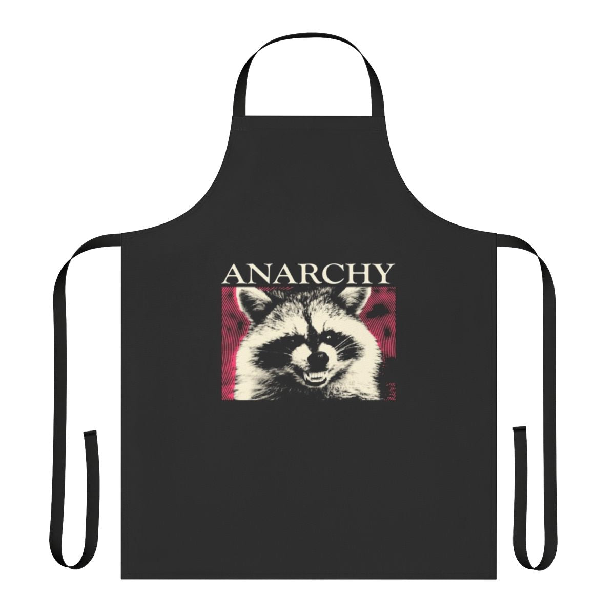 Funny pink apron featuring a vintage-style illustration of a raccoon with an anarchist symbol