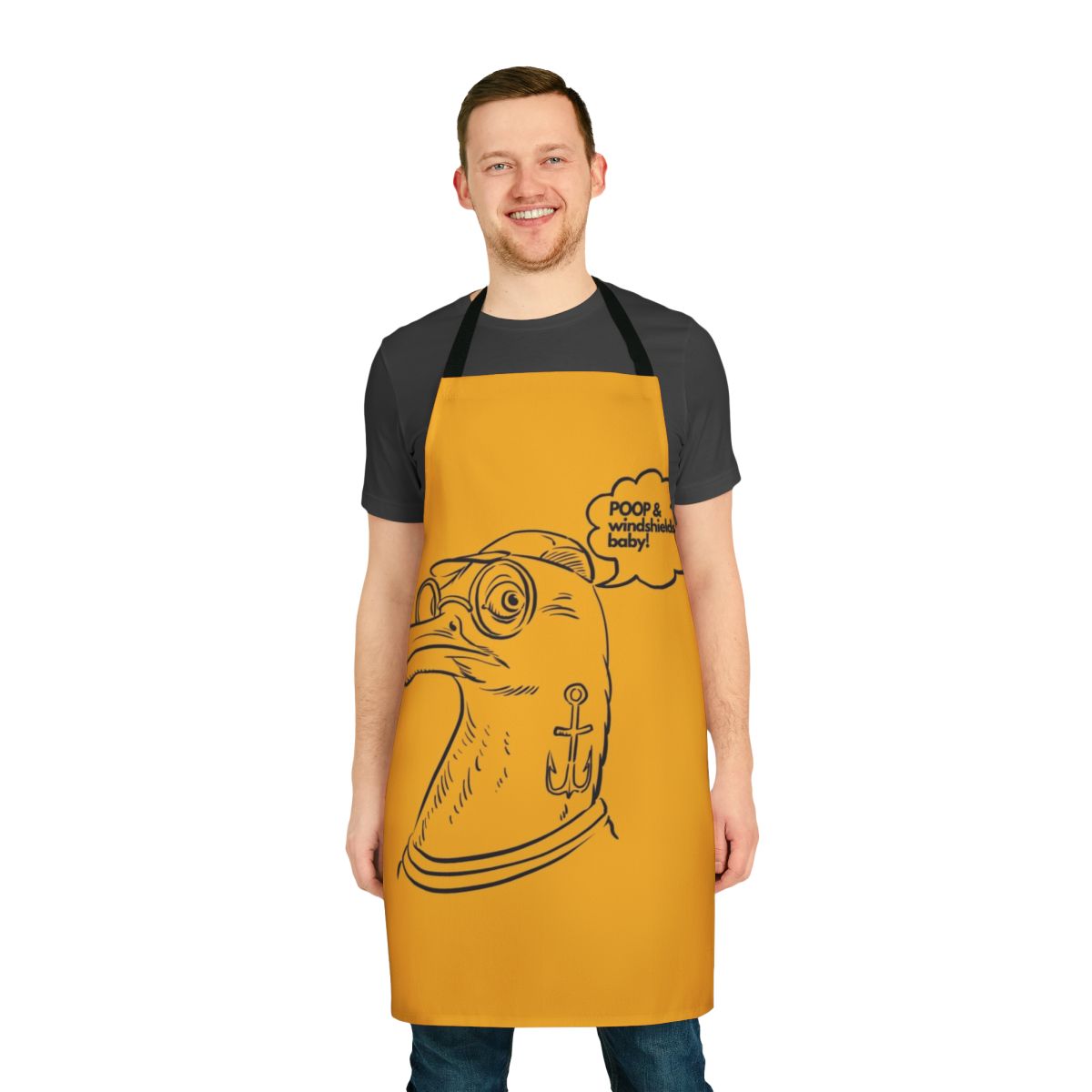 Apron featuring a playful seagull poop design