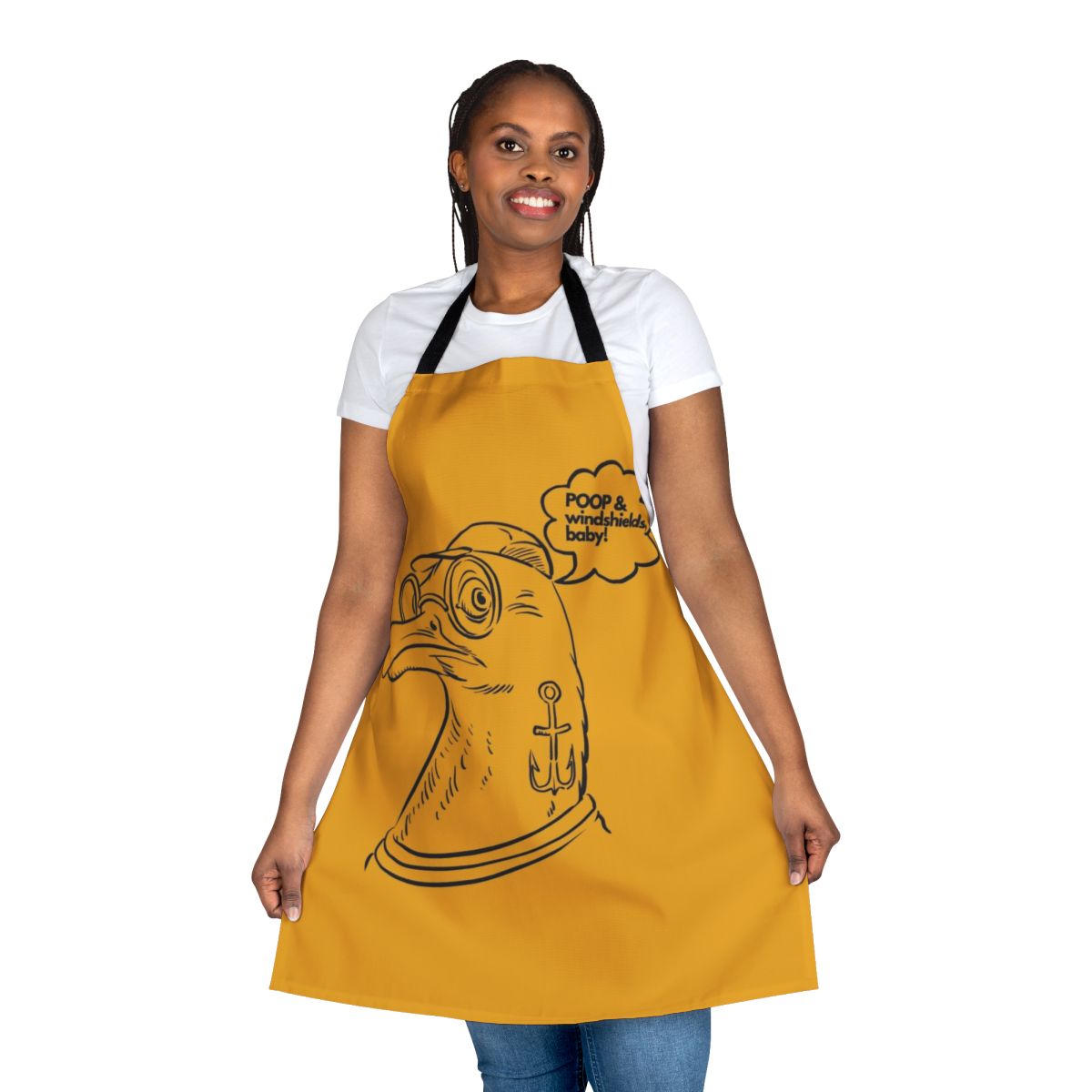 Apron featuring a playful seagull poop design