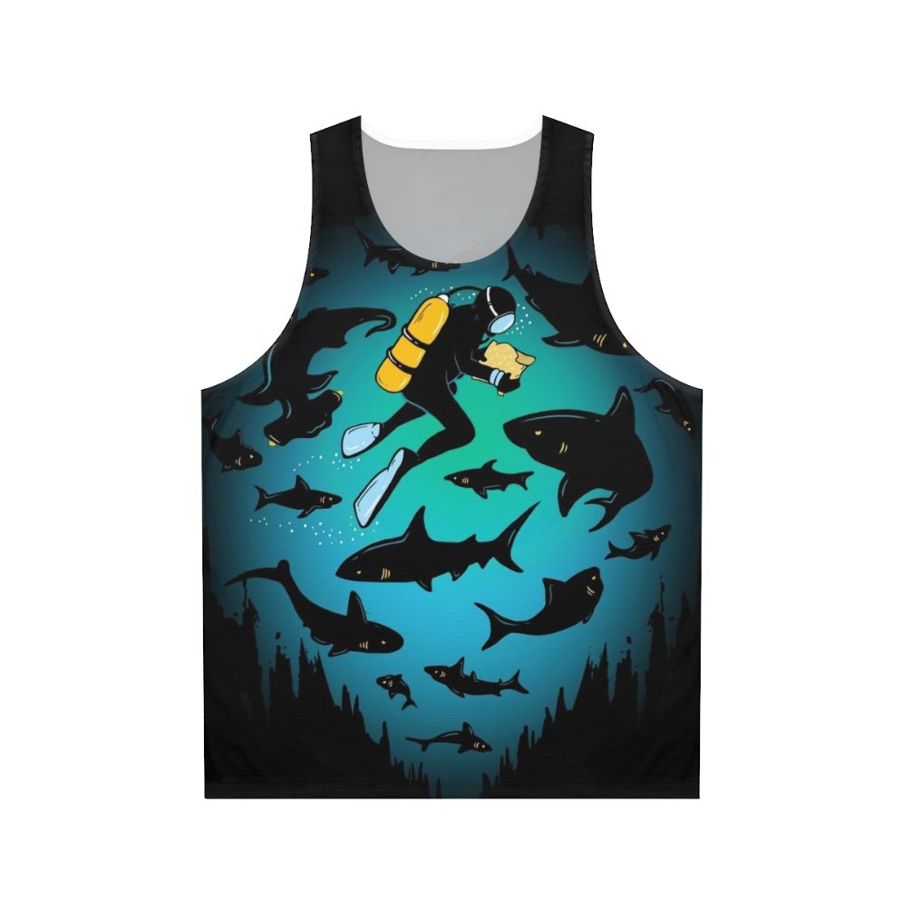 Unisex scuba diving tank top with a funny shark and diver illustration