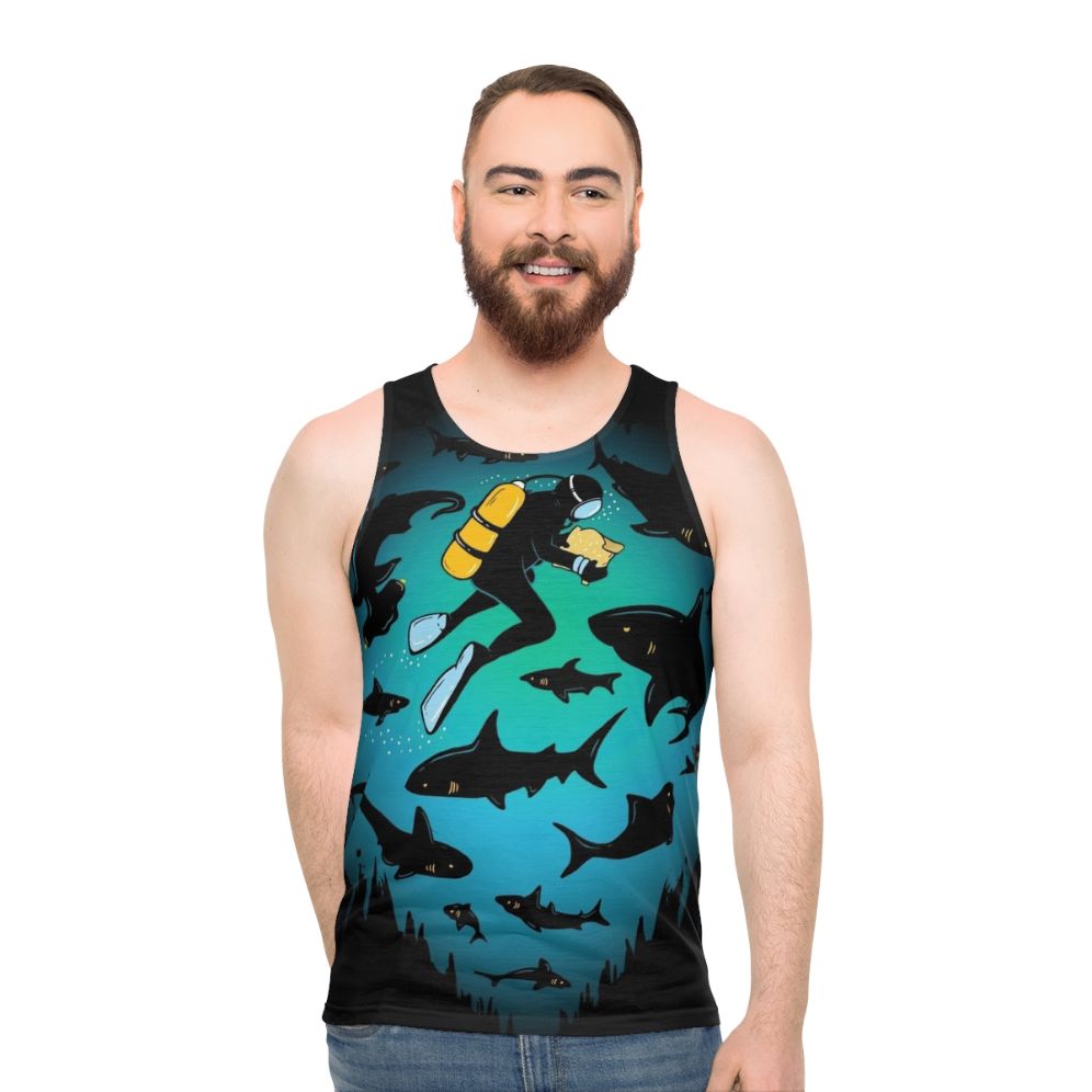 Unisex scuba diving tank top with a funny shark and diver illustration
