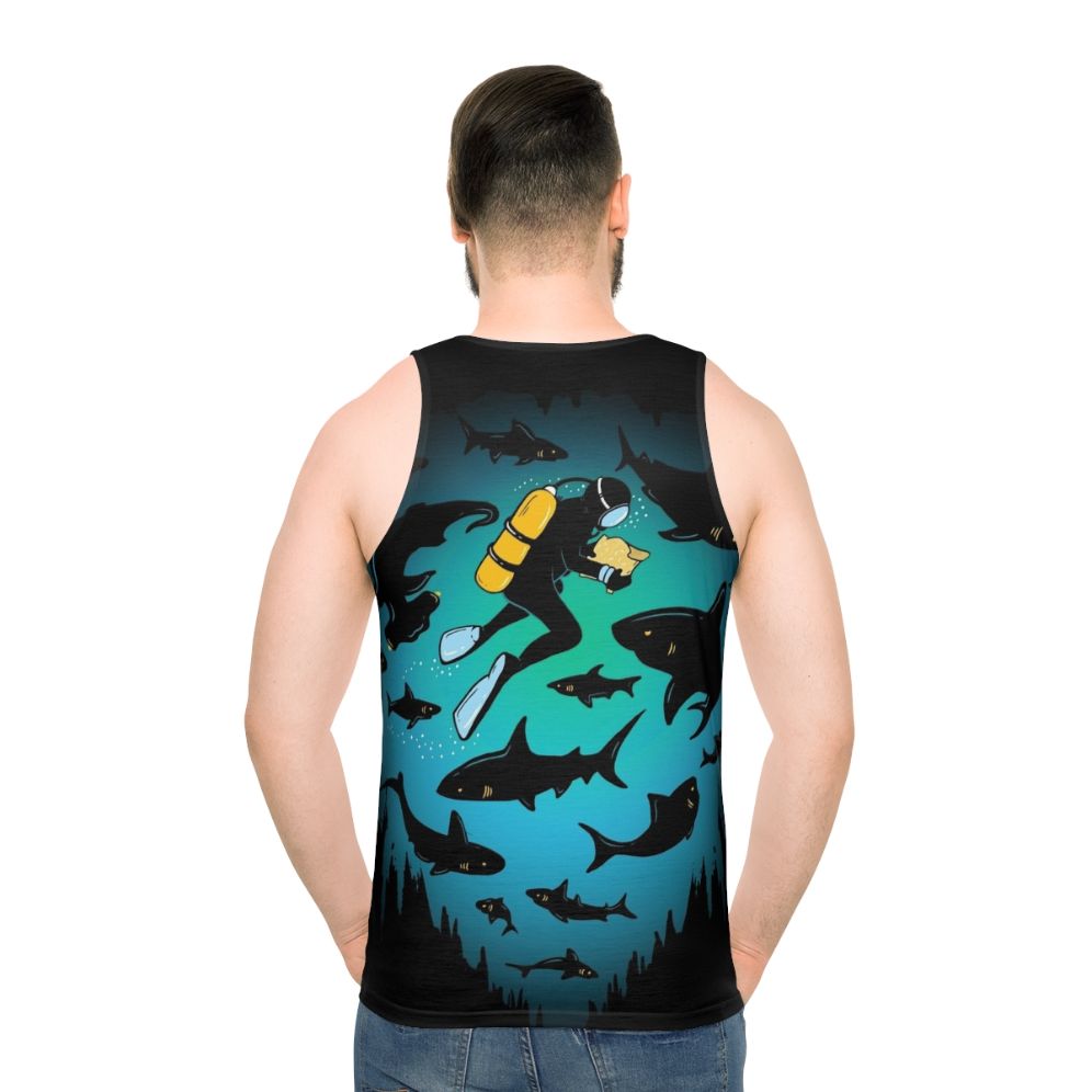Unisex scuba diving tank top with a funny shark and diver illustration